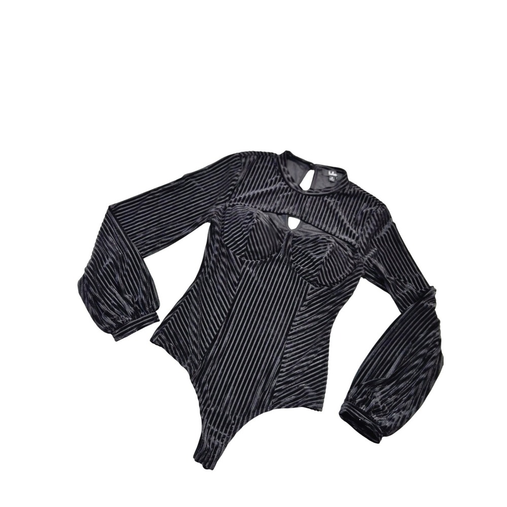 Lulus Black Striped Long Sleeve Bodysuit S Keyhole Stretch